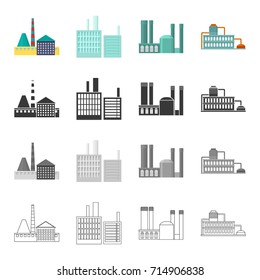 Processing plant, industrial production facilities. Plant and factory set collection icons in cartoon black monochrome outline style vector symbol stock illustration web.
