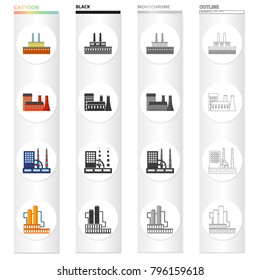 Processing plant, industrial production facilities. Plant and factory set collection icons in cartoon black monochrome outline style vector symbol stock illustration web.