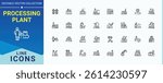 Processing Plant linear icon collection. Containing industrial, industry, manufacturing, machine, machinery, conveyor and more. Factory line icon set. Minimal icons set. Art and illustration.