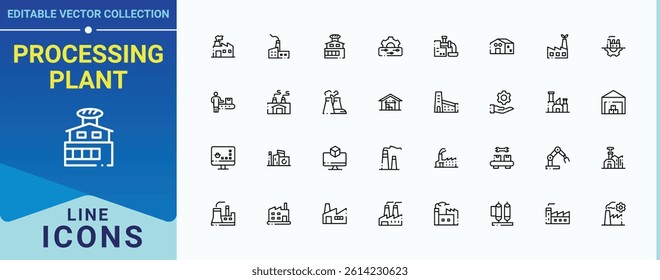 Processing Plant linear icon collection. Containing industrial, industry, manufacturing, machine, machinery, conveyor and more. Factory line icon set. Minimal icons set. Art and illustration.