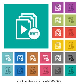Processing playlist operation multi colored flat icons on plain square backgrounds. Included white and darker icon variations for hover or active effects.