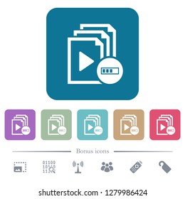 Processing playlist white flat icons on color rounded square backgrounds. 6 bonus icons included