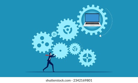 processing process. Businessman connected gears to laptop 