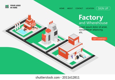 Producto de procesamiento isométrico. los productos semiacabados se llevan a la fábrica terminada y luego a un almacén, adecuado para páginas de aterrizaje, volantes, infografías y otros vectores de activos relacionados con gráficos