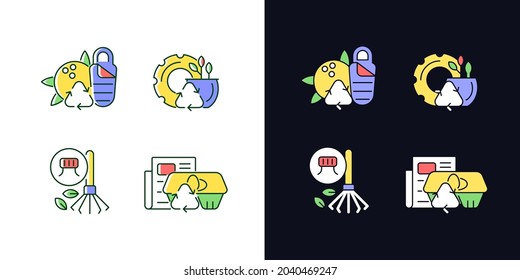 Processing recycled material light and dark theme RGB color icons set. Sustainable camping gear. Paper egg box. Isolated vector illustrations on white and black space. Simple filled line drawings pack
