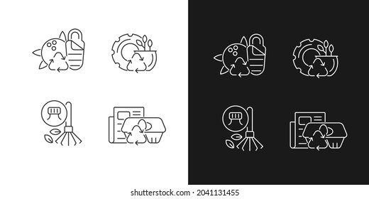 Processing recycled material linear icons set for dark and light mode. Sustainable camping gear. Paper egg box. Customizable thin line symbols. Isolated vector outline illustrations. Editable stroke