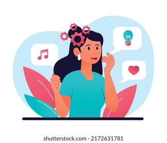 Processing thoughts concept. Woman makes decisions, chooses one of options. Logical thinking and brain activity. Insight in creative person, idea, brainstorming. Cartoon flat vector illustration