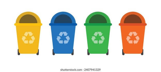 Processing trash cans, Colorful Trash Cans on White Background, Eco-Friendly Waste Management
