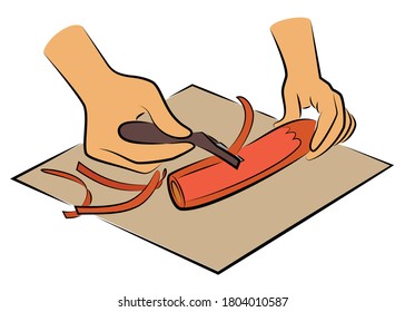 Processing vegetables. Carrots are peeled with a knife on a kitchen board. The hands of the cook are preparing food. Vector illustration.