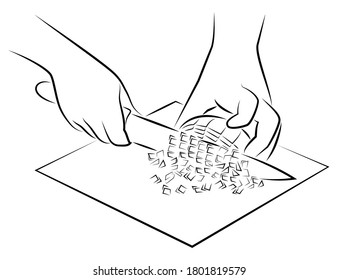 Processing of vegetables. Peel and chop onions on a kitchen board. The hands of the cook are preparing food. Vector illustration.