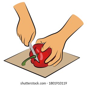 Processing of vegetables. Peel and chop the peppers on a kitchen board. The hands of the cook are preparing food. Vector illustration.