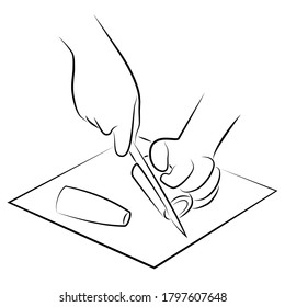 Processing of vegetables. Slice carrots, cucumber, cabbage on a kitchen board. The hands of the cook are preparing food. Vector illustration.