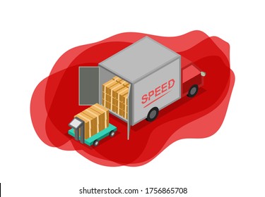 Processinng pickup car box delivery , vector illustration service distribution truck concept business sign 3d