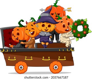 The procession of the children with the pumpkin head of illustration