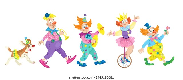 Procession of funny circus clowns. In cartoon style. Isolated on white background. Vector flat illustration.