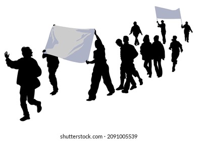 Procession, Silhouettes of a group of people with placards strike are marching in formation, holding slogans with demands their hands, demonstration, parade, joyful, young men and women on a holiday