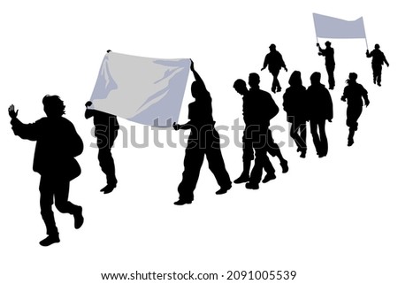Procession, Silhouettes of a group of people with placards strike are marching in formation, holding slogans with demands their hands, demonstration, parade, joyful, young men and women on a holiday