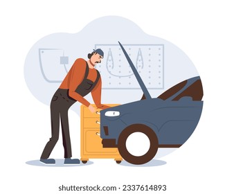 Processional mechanic standing near car with open hood and examine. Car repair and restoration in service center. Technic occupation. Flat vector illustration in cartoon style