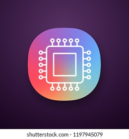 Processor app icon. UI/UX interface. Microprocessor. CPU. Central processing unit. Integrated circuit. Computer, phone processor. Microchip, chipset, chip. Application. Vector isolated illustration