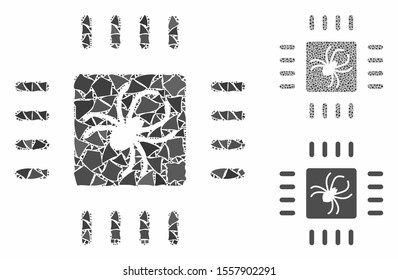 Processor bug composition of irregular items in various sizes and color tinges, based on processor bug icon. Vector irregular items are grouped into illustration.
