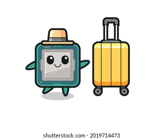 processor cartoon illustration with luggage on vacation , cute style design for t shirt, sticker, logo element