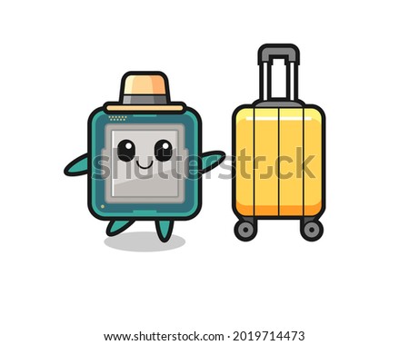 processor cartoon illustration with luggage on vacation , cute style design for t shirt, sticker, logo element