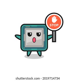 processor character illustration holding a stop sign , cute style design for t shirt, sticker, logo element