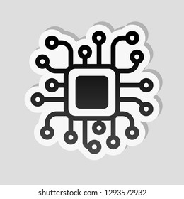 Processor chip, computer microchip, cpu chipset. Technology icon. Sticker style with white border and simple shadow on gray background
