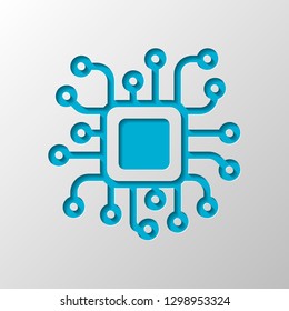 Processor chip, computer microchip, cpu chipset. Technology icon. Paper design. Cutted symbol with shadow