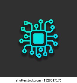 Processor chip, computer microchip, cpu chipset. Technology icon. Colorful logo concept with soft shadow on dark background. Icon color of azure ocean