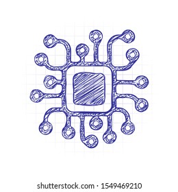 Processor chip, computer microchip, cpu chipset. Technology icon. Hand drawn sketched picture with scribble fill. Blue ink. Doodle on white background