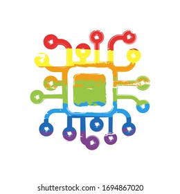 Processor chip, computer microchip, cpu chipset. Technology icon. Drawing sign with LGBT style, seven colors of rainbow (red, orange, yellow, green, blue, indigo, violet
