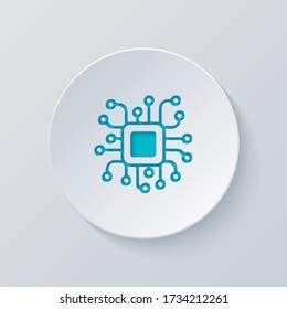 Processor chip, computer microchip, cpu chipset. Technology icon. Cut circle with gray and blue layers. Paper style