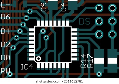 Processor chip on a printed circuit board. Tracing the conductors
of electronic device. Vector engineering 
drawing of pcb design. Electric background.