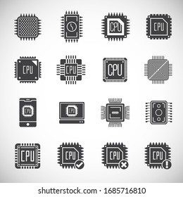 Auf dem Hintergrund für Grafik- und Webdesign eingerichtete Symbole für Prozessorchips. Symbol für kreatives Illustrationskonzept für Web- oder mobile App.