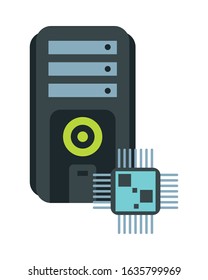 processor chip with server tower devices technology vector illustration design