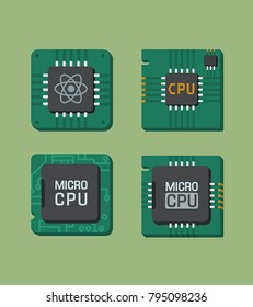 Processor chip. Vector set isometric  icons of micro-chip and processor. Illustration Quantum processor, micro-processor, processor with board; electronic CPU.