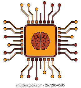 Circuito de processador com cérebro representando inteligência artificial ilustração de vetor plano isolado em fundo branco, perfeito para tecnologia de IA e gráficos científicos