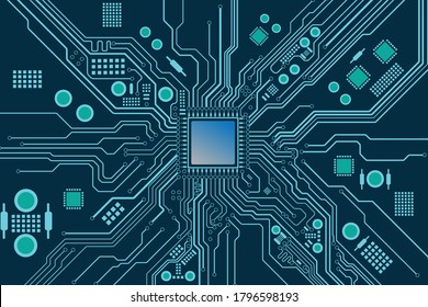 Processor computer with a horizontal processing system circuit. Vector illustration.