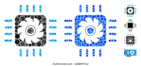 Processor cooler composition of filled circles in variable sizes and color tones, based on processor cooler icon. Vector filled circles are combined into blue illustration.