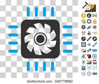 Processor Cooler pictograph with bonus bitcoin mining and blockchain pictographs. Vector illustration style is flat iconic symbols. Designed for crypto-currency apps.