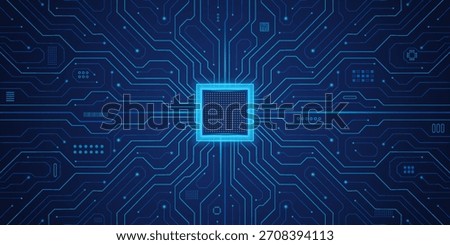 Processor CPU with glowing neon frame on circuit board. Digital AI chip tech semiconductor pattern. Big data backdrop. Technology artificial intelligence innovation web banner - vector