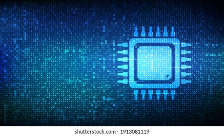 Processor. CPU Microprocessor or Chip icon made with binary code. Computer chip. Ai chipset. Digital binary data and streaming digital code. Matrix background with digits 1.0. Vector Illustration