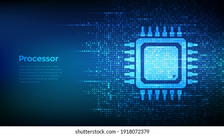 Processor. CPU Microprocessor or Chip icon made with binary code. Computer chip. Ai chipset. Digital binary data and streaming digital code. Matrix background with digits 1.0. Vector Illustration.