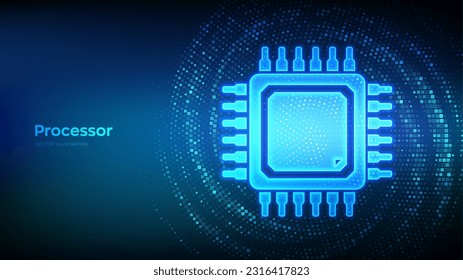 Processor. CPU Microprocessor or Chip icon made with binary code. Computer chip. Ai chipset. Virtual tunnel warp made with digital code. Data Flow. Vector Illustration.