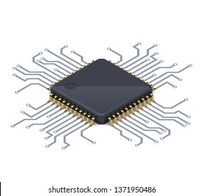 Processor or electronic chip on circuit board with conductive tracks and soft realistic shadow. Isometric vector illustration