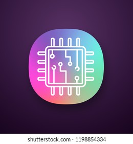 Processor with electronic circuits app icon. UI/UX interface. Microprocessor with microcircuits. Chip, microchip, chipset. CPU. Central processing. Integrated circuit. Vector isolated illustration