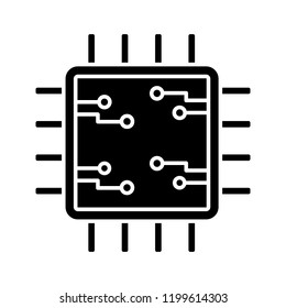Processor with electronic circuits glyph icon. Microprocessor with microcircuits. Chip, microchip, chipset. CPU. Integrated circuit. Silhouette symbol. Negative space. Vector isolated illustration