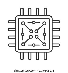 Processor with electronic circuits linear icon. Microprocessor with microcircuits. Chip, microchip, chipset. CPU. Thin line illustration. Integrated circuit. Vector isolated drawing. Editable stroke