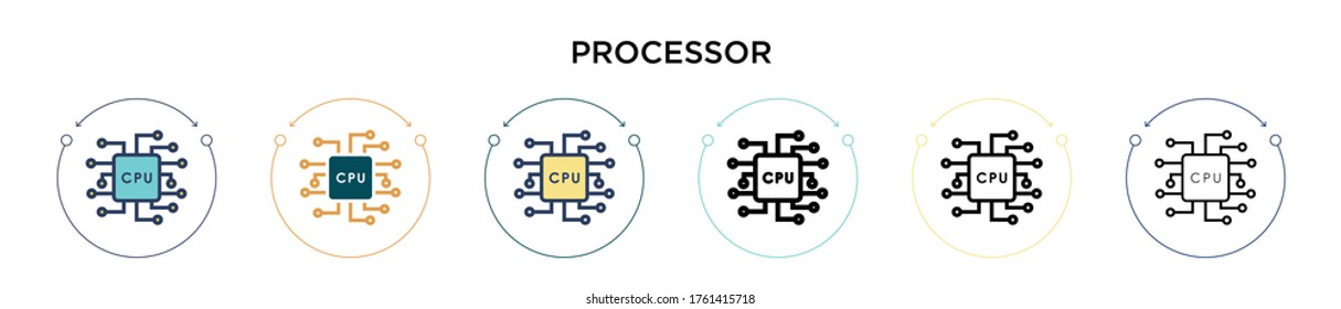 Processor icon in filled, thin line, outline and stroke style. Vector illustration of two colored and black processor vector icons designs can be used for mobile, ui, web